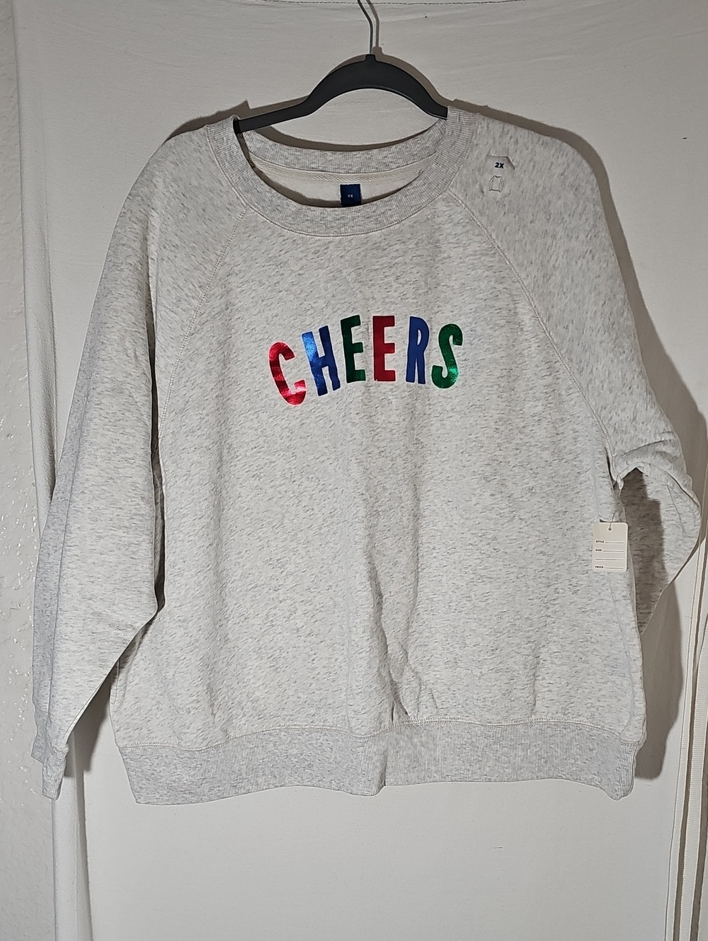 Old Navy Light Gray Crewneck Sweatshirt with Multicolor 'CHEERS' Lettering